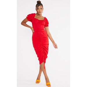 PrettyLittleThing Red Ruched Center Bardot Midi Dress New Without Tag Size Small